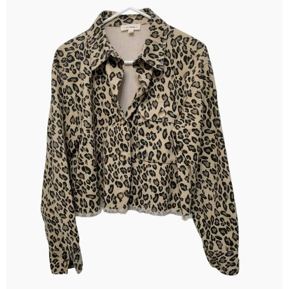 EE:Some Leopard Print Cropped Raw Edge Denim Jacket, size Small, Animal Shacket - Picture 1 of 10